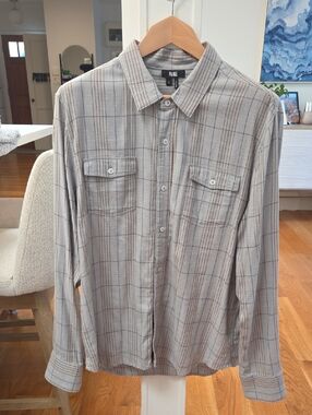 PAIGE Men's Gray And Brown Plaid Button-Down Long Sleeve Flannel Shirt (L)